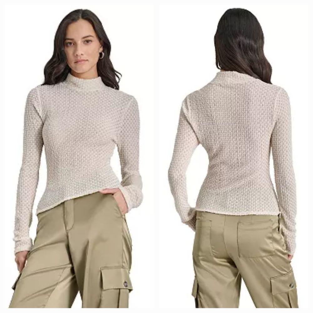 🔸️NWT DKNY Ivory Pebble Textured Fitted Long Sleeve Top Large